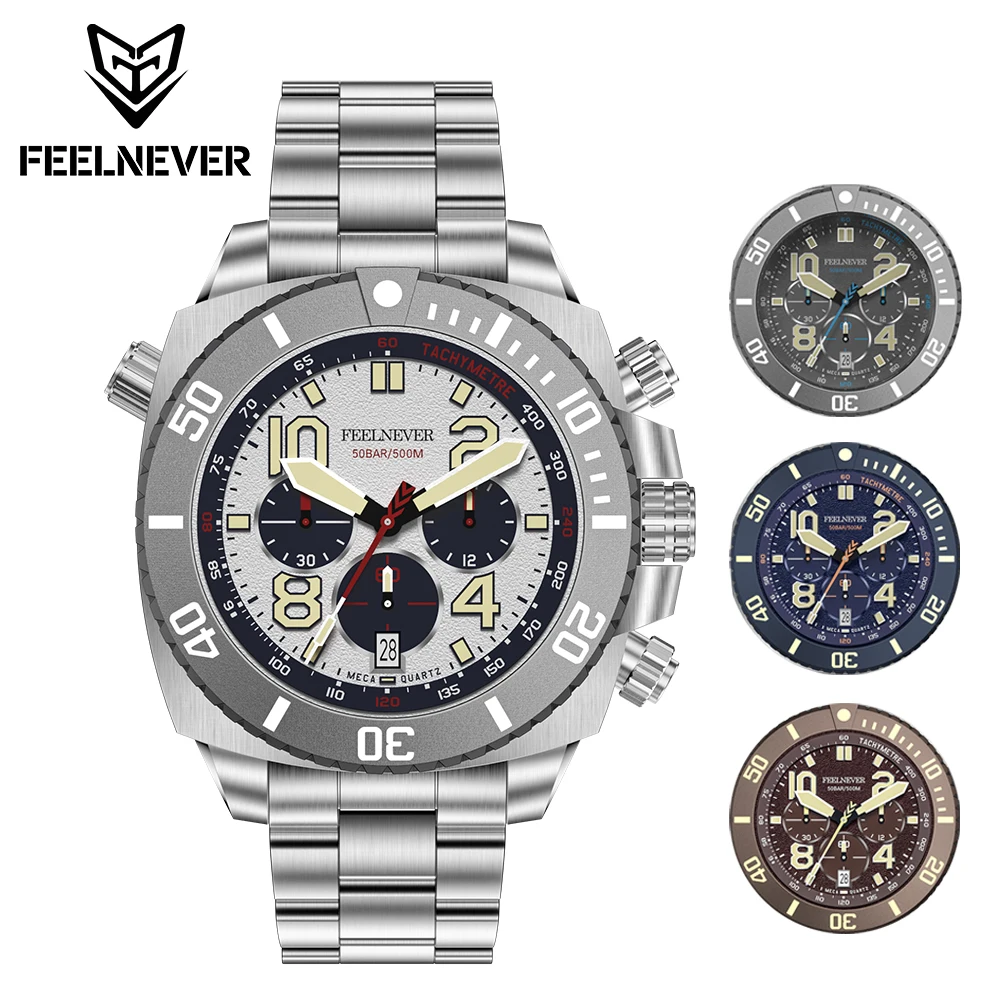 FeelNever Quartz Watches for Men 500M Waterproof Professional Casual Sapphire Man Watch Stainless Steel Band Clocks Reloj Hombre