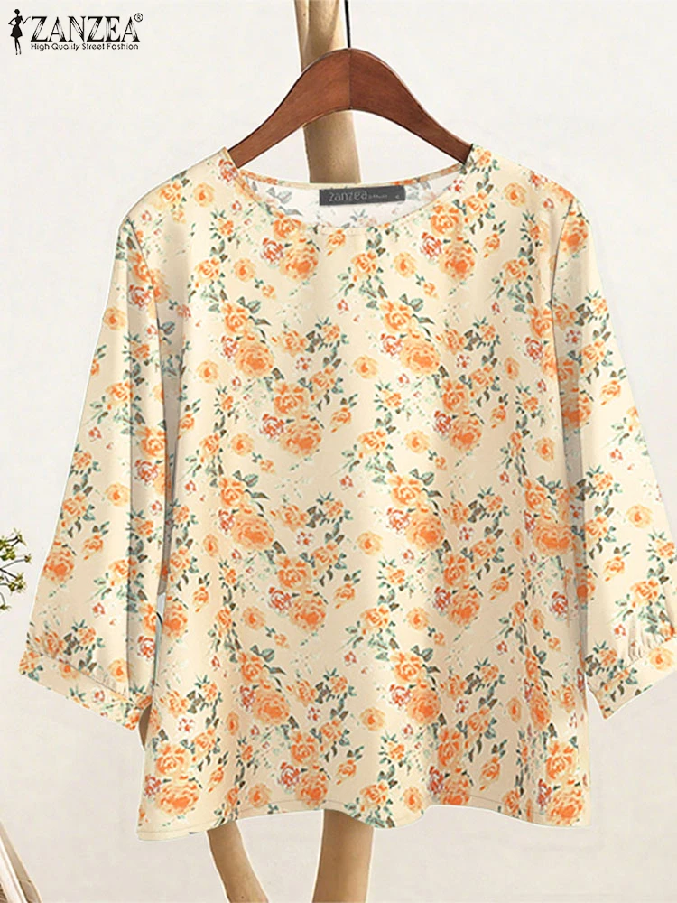 ZANZEA 2025 Autunno Donna Camicette Casual Alto-Basso Abbigliamento da giorno Stampa floreale T-shirt Leggero Manica 3/4 O-Collo Blusas Mujer