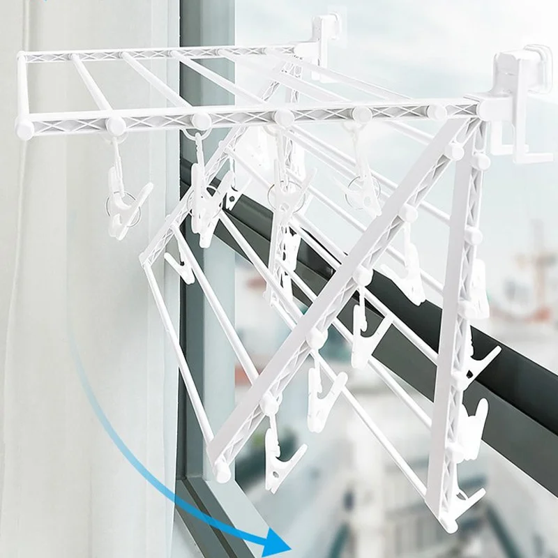 Folding Clothes Hanger Wall Mount Retractable Cloth Drying Rack Indoor & Outdoor Space Saving Aluminum Home Laundry Clothesline
