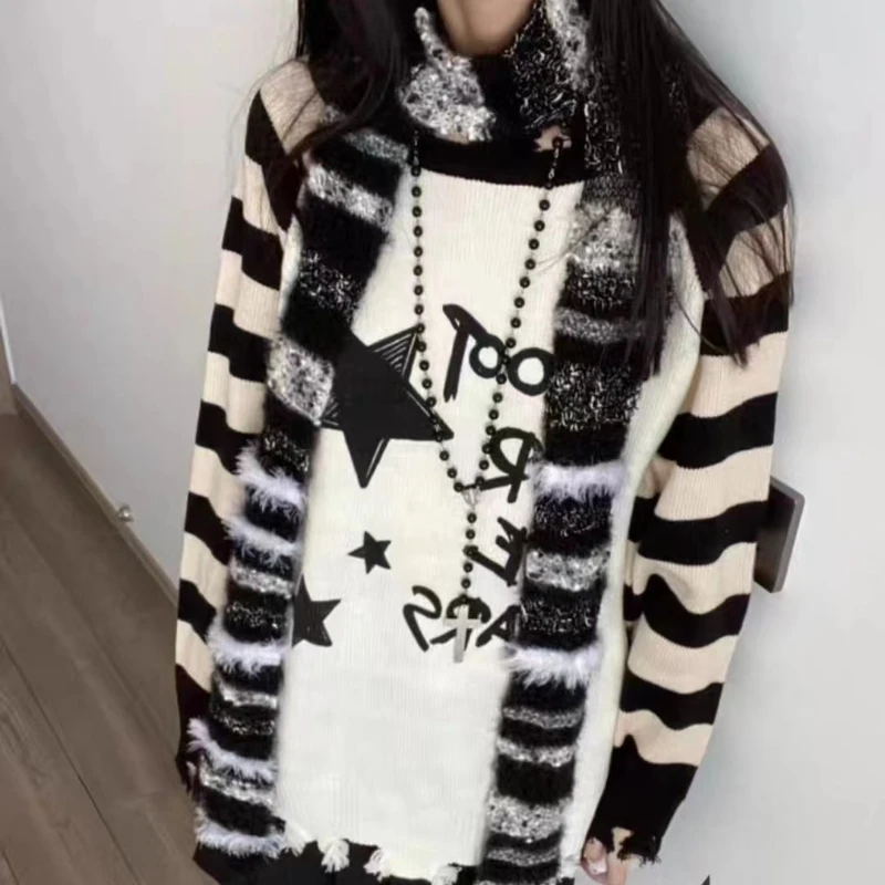 HOUZHOU Y2k Harajuku Striped Sweater Women Japanese Fashion Streetwear Long Sleeve Star Graphic Sweater 2024 Autumn Soft Girl