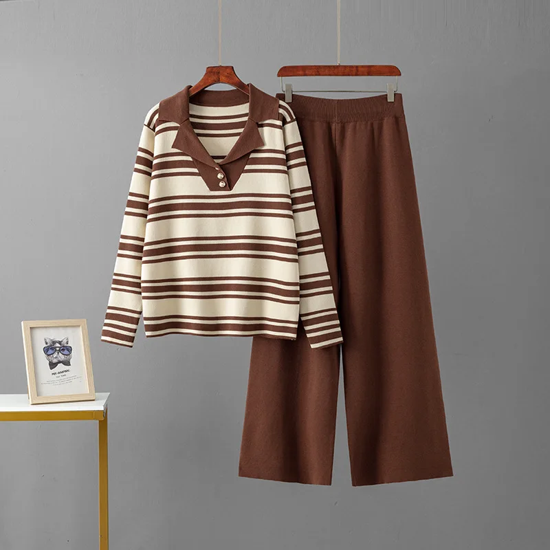 

Korean Design Knitted 2 Piece Sets Women Lapel Neck Knit Striped Sweater Pullover Tops Conjuntos High Waist Sweatpants Outfit