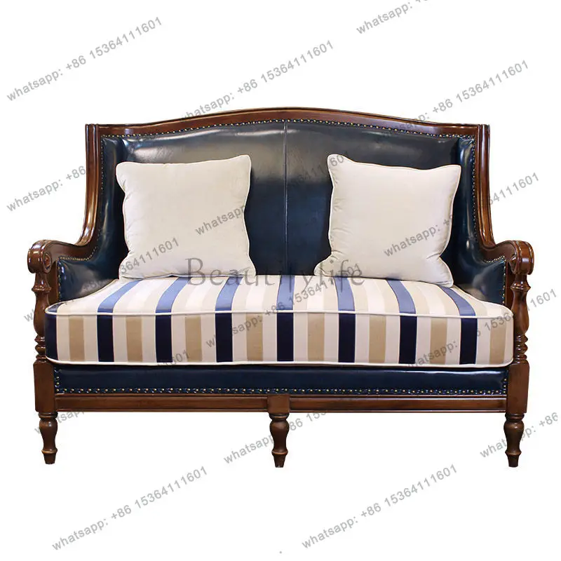 American country all solid wood leather sofa first layer cowhide three people