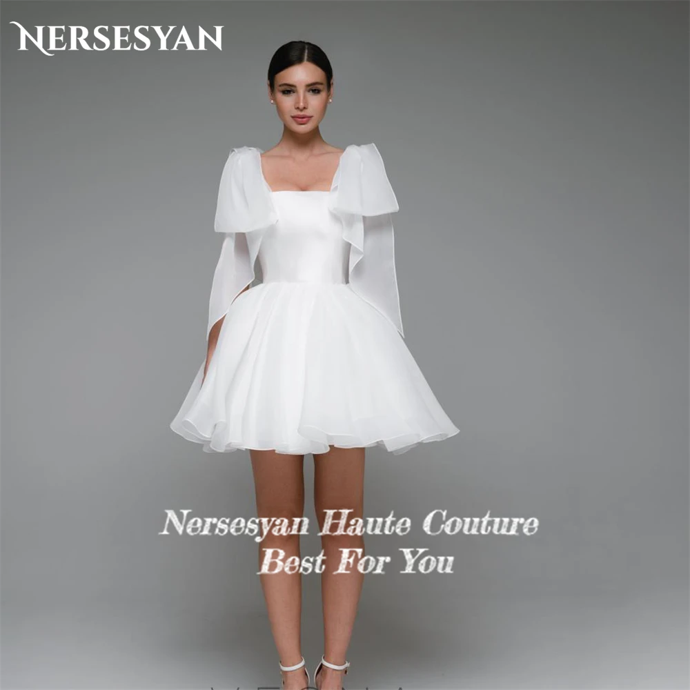 Nersesyan-Vestidos De Noiva Chiffon Sem Costas, Monocromático, A Linha Mini Bow, Vestidos De Noiva Sem Alças, Vestido De Noiva Sem Mangas, Plus Size