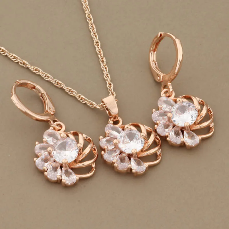 Luxury Natural Zircon Earrings And Pandent For Women Noble 585 Rose Gold Color Dangle Earrings Wedding Fashion Jewelry Sets