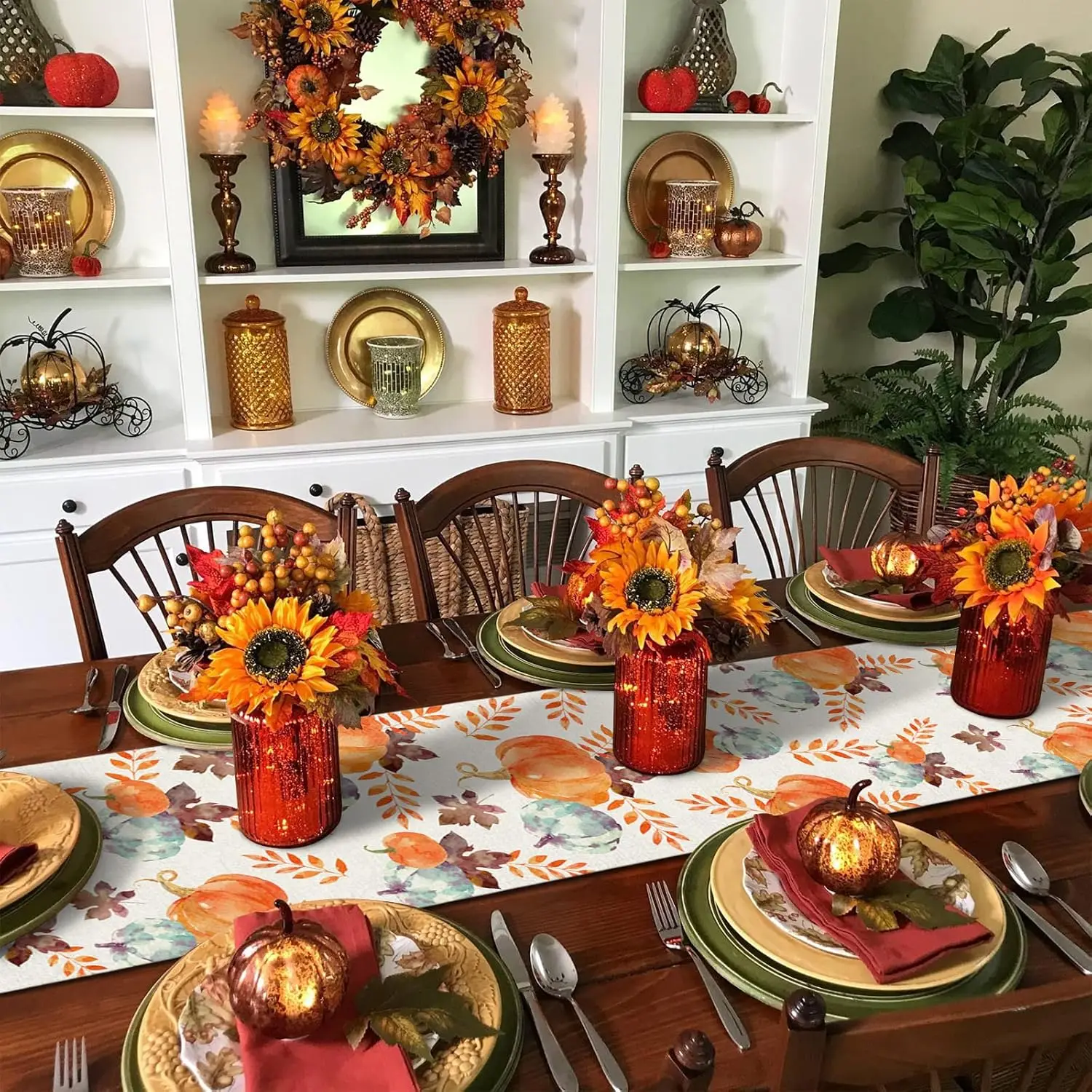 Fall Linen Table Runner Dresser Scarves Vintage Fall Watercolor Pumpkin Maple Leaves Blue Orange Table Runner for Dinning Table