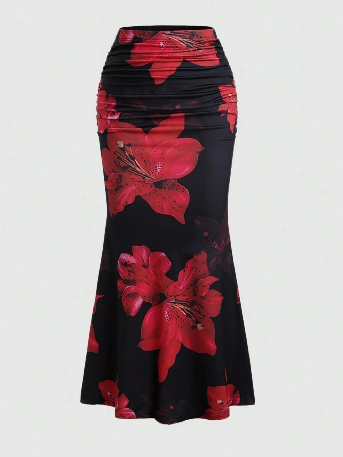 

New style women's high-waisted pleated fishtail midi skirt! Black base with vibrant red floral patterns