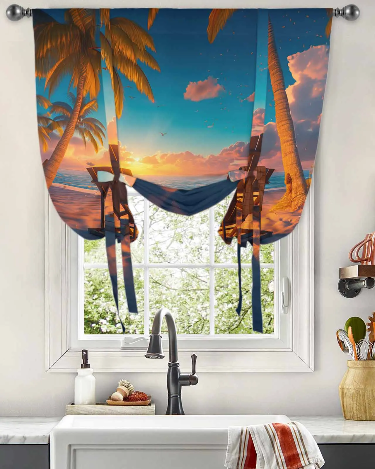 Fall Beach Chair Pumpkin Sunset Window Curtain for Living Room Bedroom Balcony Cafe Kitchen Tie-up Roman Curtain