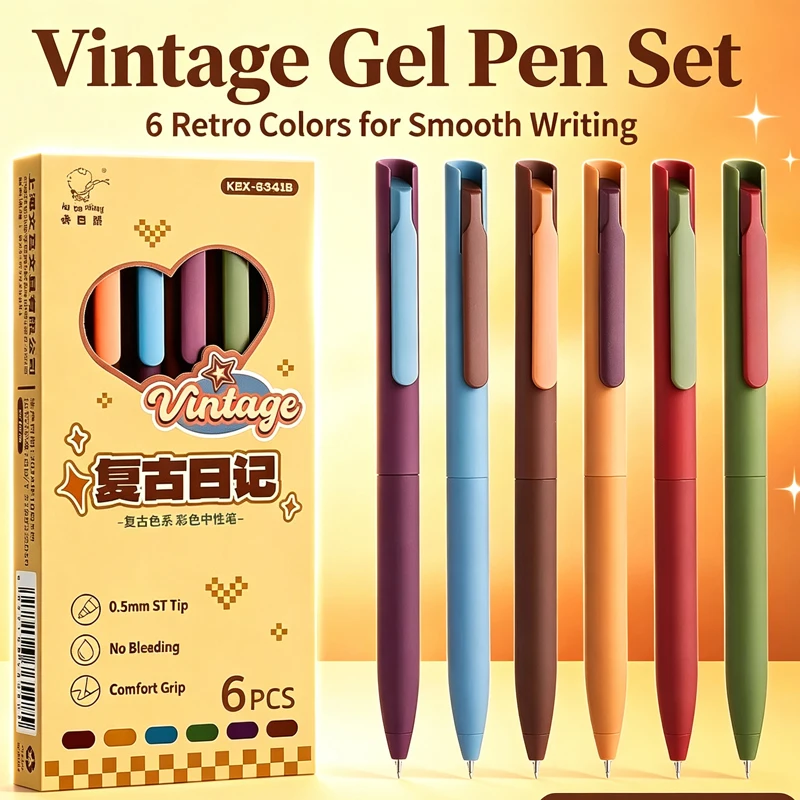 Ensemble de stylos gel vintage 6 couleurs, pointe fine, séchage rapide, écriture fluide, stylos à bille pour journal, dessin, apprentissage, papeterie de bureau
