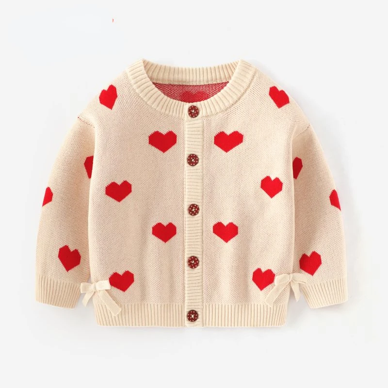 2022 Autumn New Baby Red Love Sweater Girl Korean Version Cute Princess Style Long-sleeved Knitted Cardigan Coat Winter Sweater