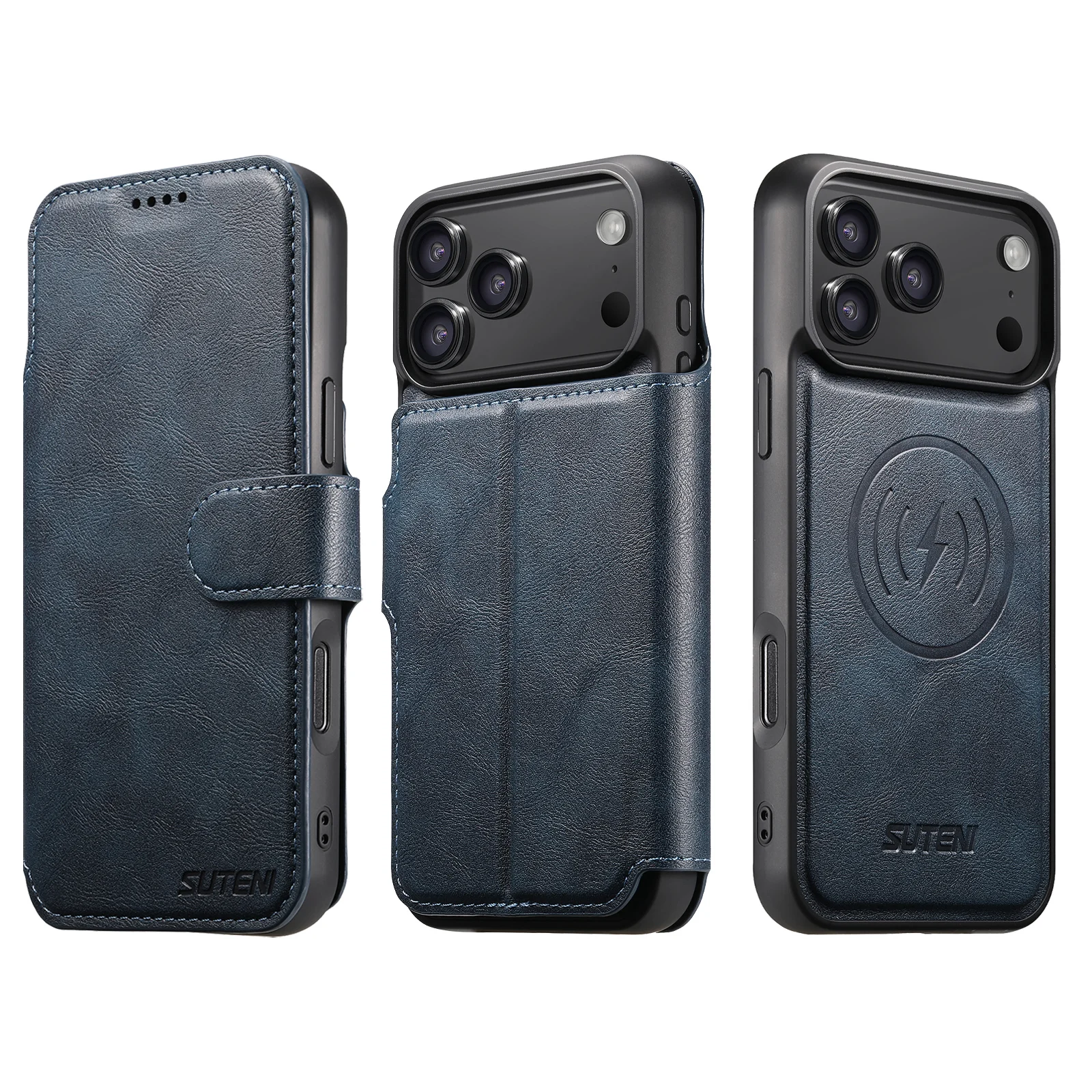 SUTENI Kunstleder Kabelloses Ladegerät Kartenhalter Ständer Brieftasche Magnetische Klapphülle Handyhülle für iPhone 18 Pro Max 17 16 15 14 – Detail 10