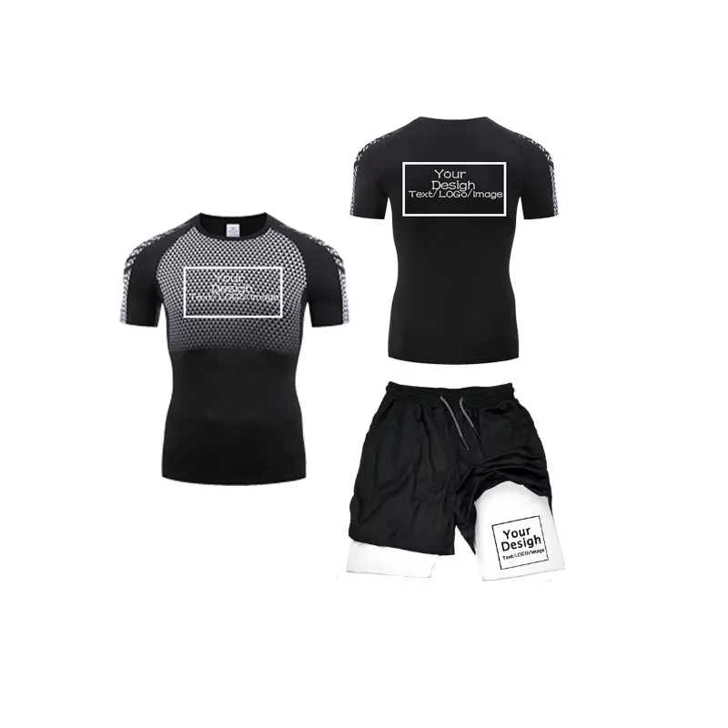 Men's Custom Printed Compression Set Your Design Logo Gym Shirt +Workout Shorts Quick Dry Breathble Athletics Rashguard Suits