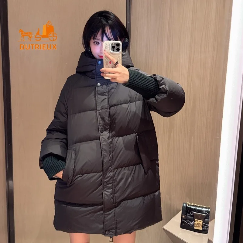 New Winter Down Jacket for Women 90% White Goose Down with Hood Down Jacket Mid-length Loose Version Warm Thickened for Women