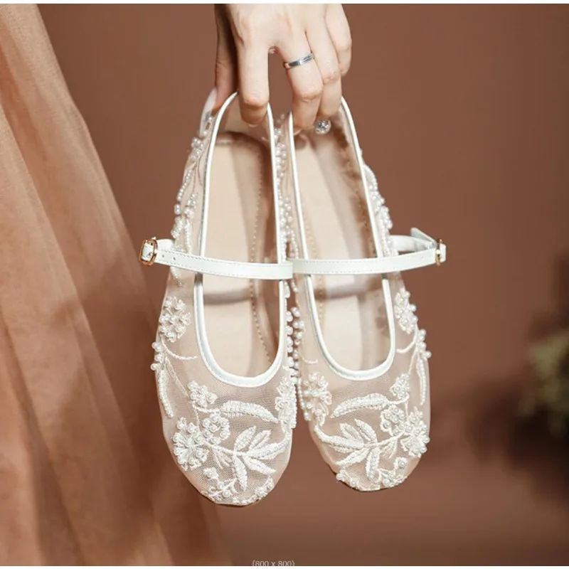 Zapatos Planos de Mujer con Diseño de Cuentas Bordadas en Malla, con Hebilla, Transpirables, Estilo Mary Jane, Cómodos, de Tacón Bajo y Suaves