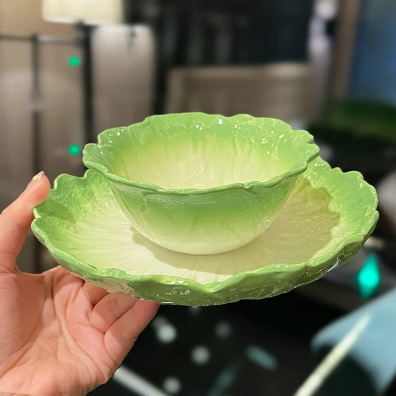 Creative Home Tableware Ceramic Cabbage Color Matching Pastoral Style Rice Ramen Bowl +Plate High-Grade Green Tableware