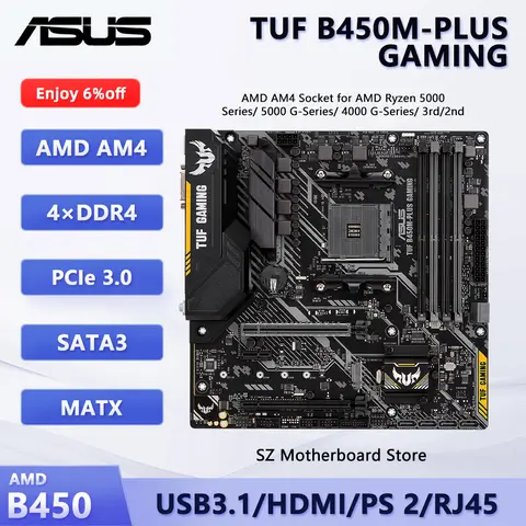 ASUS TUF B450M-PLUS 게이밍 AM4 마이크로 ATX 마더보드 B450 AMD Ryzen 7 5800X3D 5800X 5600X CPU DDR4(Oc) PCI-E X16 HDMI M.2