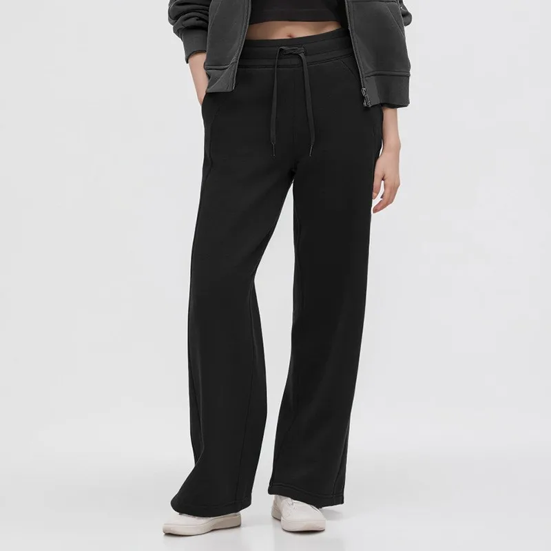 Yoga New Style Sports Casual High Waist Loose Drawstring Straight Fleece Lined Warm Wide Leg Sweatpants