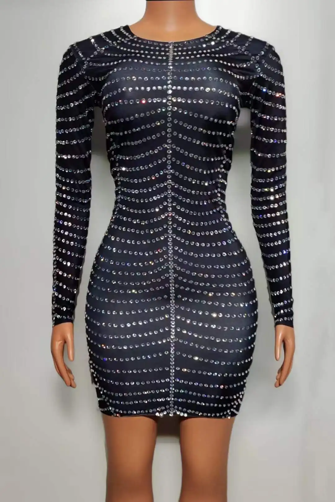 

Women Black Glitter Rhinestone Long Sleeveless Short Mini Dress For Stretch Bodycon One Piece Date Birthday Dressy Queen Outfits