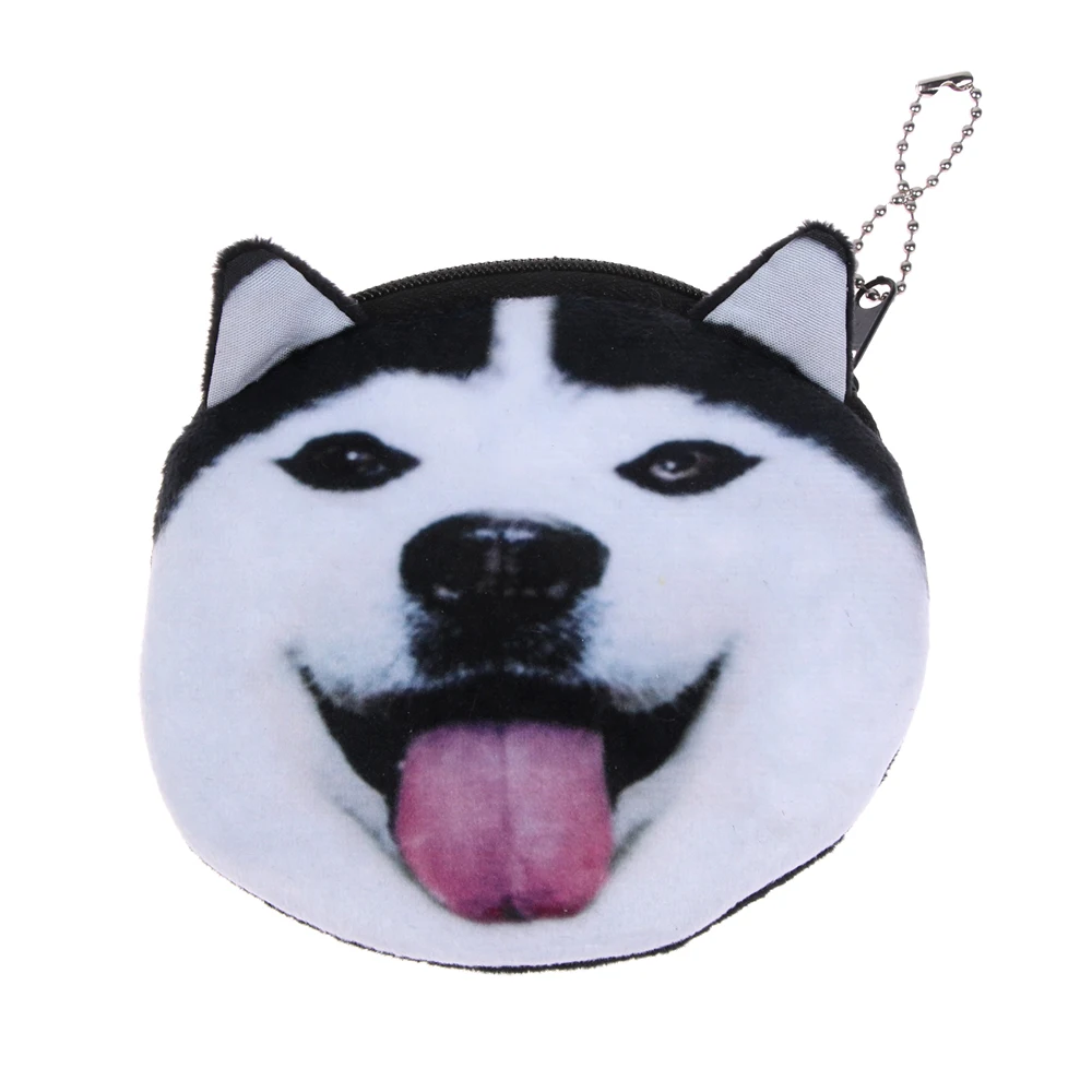 3D Cute Cat Dog Head Zipper Plush Coin Purses Wallet Bag Animal Face Coin Purse Zipper Chain Coin Purse Child Girl Wallet Bag