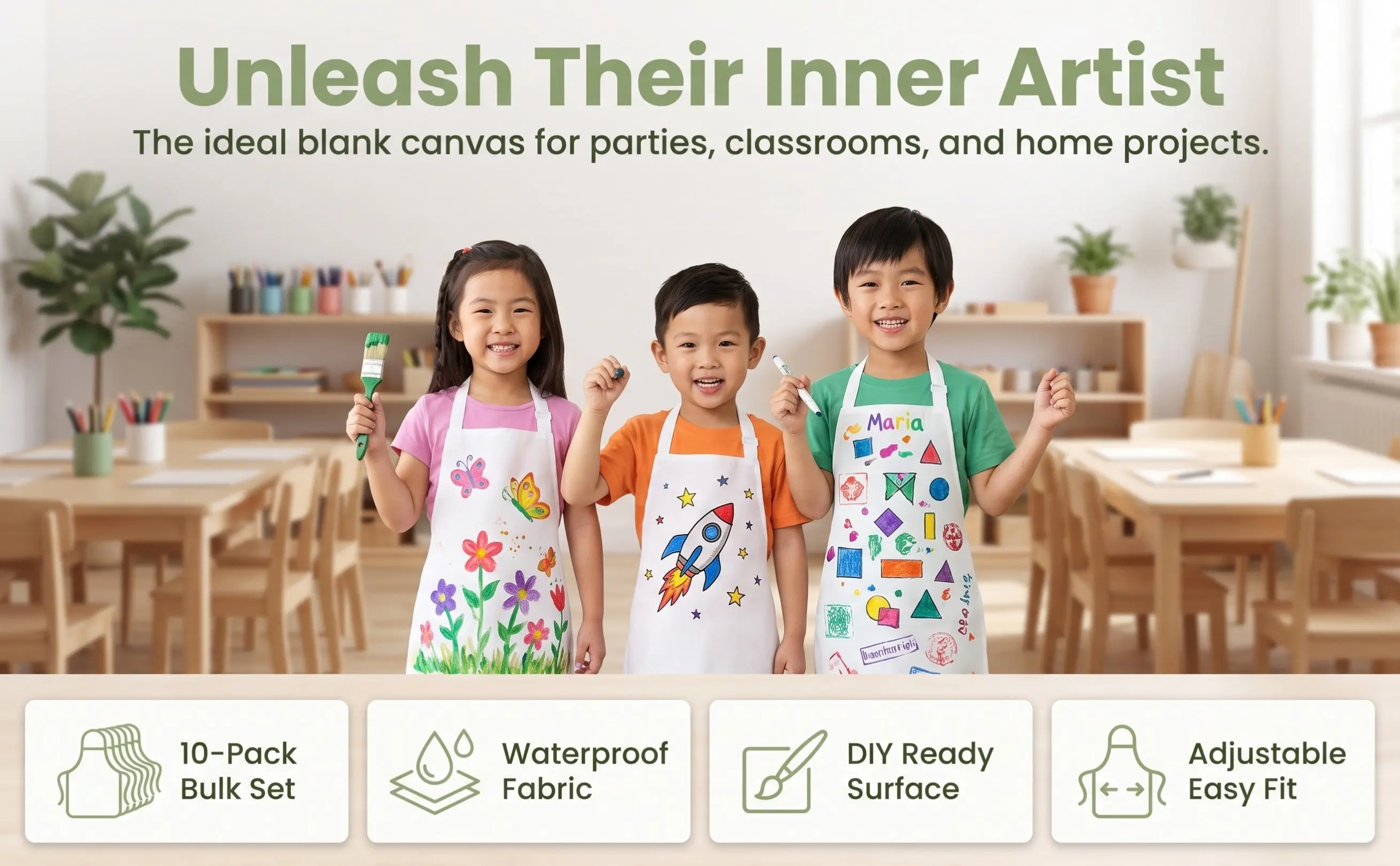 10Pcs Kids Waterproof Painting Aprons White Non-Woven Toddler Aprons for Drawing Art Crafts Kids Apron Children Painting Apron