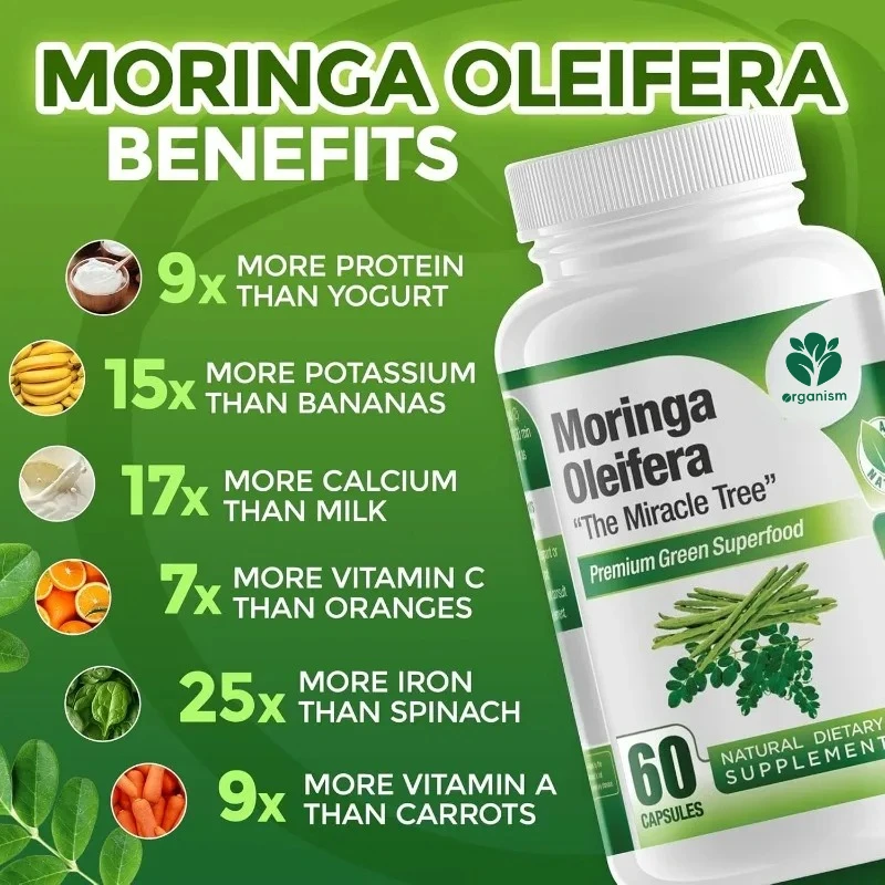 Pure Moringa Leaf Extract Vegetable Capsules 1000mg. Natural herbal supplements. Energy support
