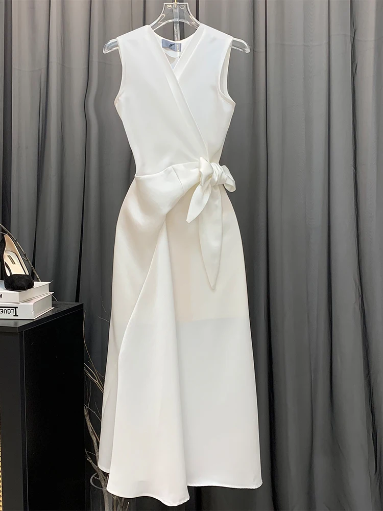 

Pine Korean Sle Knot Waist Cinched Dr White Svel Asymmetrical Summer Midi Dr Ele Commute