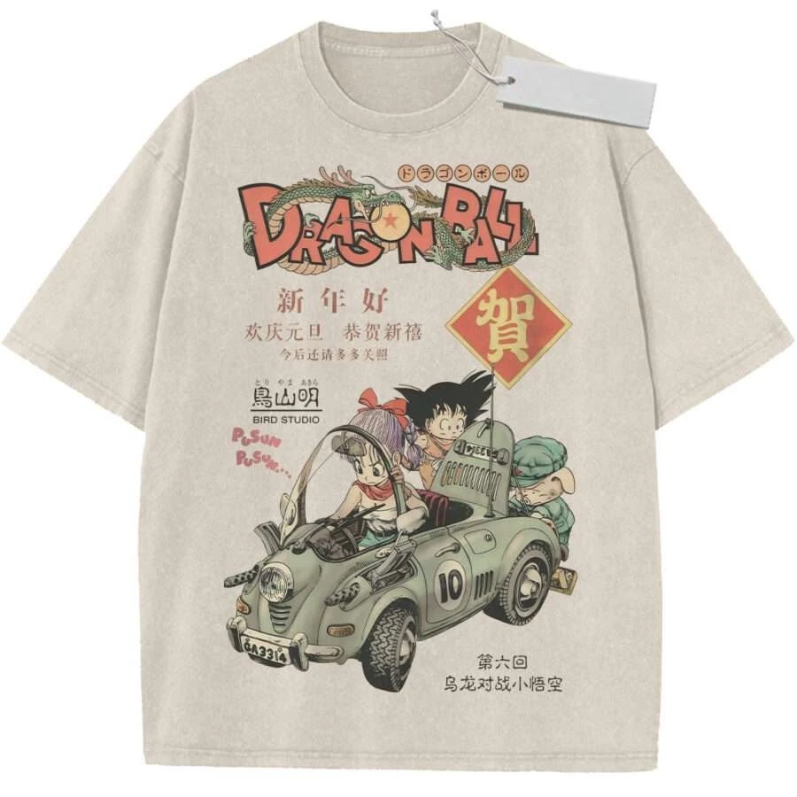 T-Shirt Sport-T-Shirt Kurzarm-T-Shirt Beige Unisex Reine Baumwolle Gewaschen Vintage Dragon Ball Charaktere im Cartoon-Auto-Print