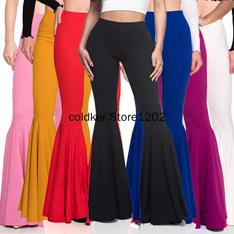 2023 Women\'s Fashion Bell-Bottoms Solid Color Trousers Mermaid High Waist Casual Fashion Pleated Flare Pants Daily Trendy S-XXXL