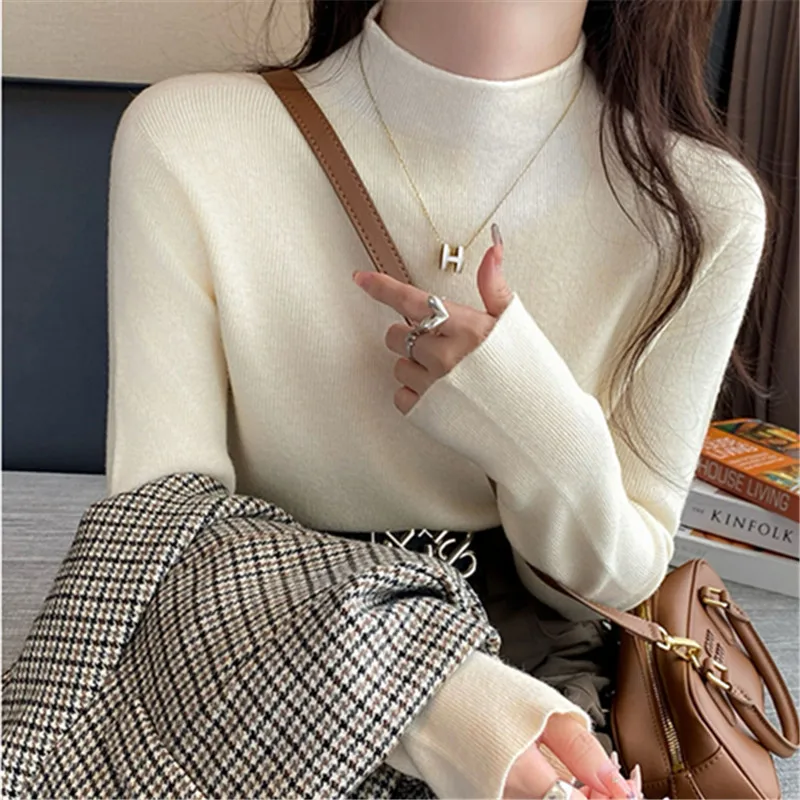 Gebreide Trui Vrouwen Vesten Nieuwe Lange Mouw Mock Hals Witte Gebreide Trui Vest Vrouwen Tops Knitwears Sueters De Mujer Q972