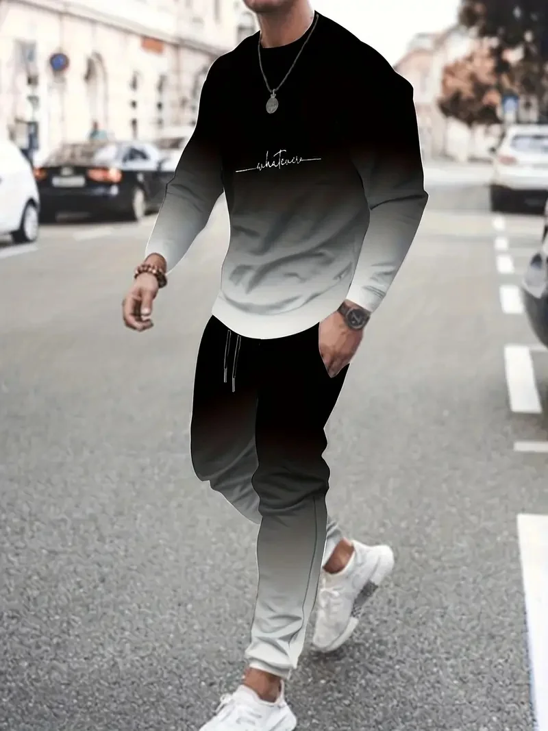 Herrenbekleidungsset, Sportbekleidung, 3D-gedrucktes Langarm-T-Shirt, modischer Herrenpullover, lässiges Sporthosen-Set