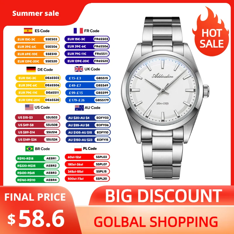 

ADDIESDIVE 36mm Luxury Women's Watches VH31 BGW9 Super Luminous 100m Waterproof Steel Diving Quartz Wristwatch for Ladies AD2066