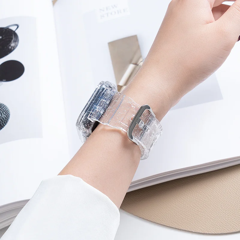 Glitter Band e Case para Apple Watch, Clear Candy Woman Bracelet, Acessórios iWatch, Série 8, 7, 6, SE, 5, 4, 3, 41mm, 45mm, 42, 38, 44, 40