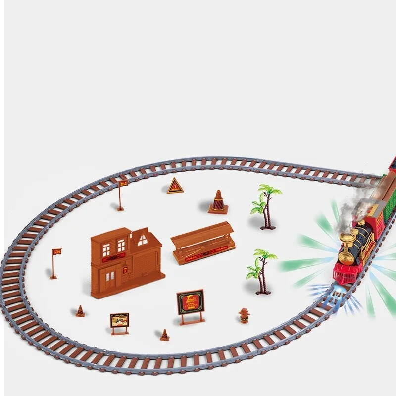 Electronic Train Toy Set Car Railway And Tracks Steam Track Train Toys With Spray And LED Light Kids Birthday Gift