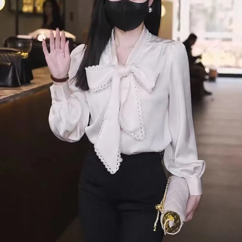 

Women's Clothing Scarf Collar Long Sleeve Pullovers Pleated Lace Simplicity Thin Blouses Spring Autumn New Fashion Solid Shirts