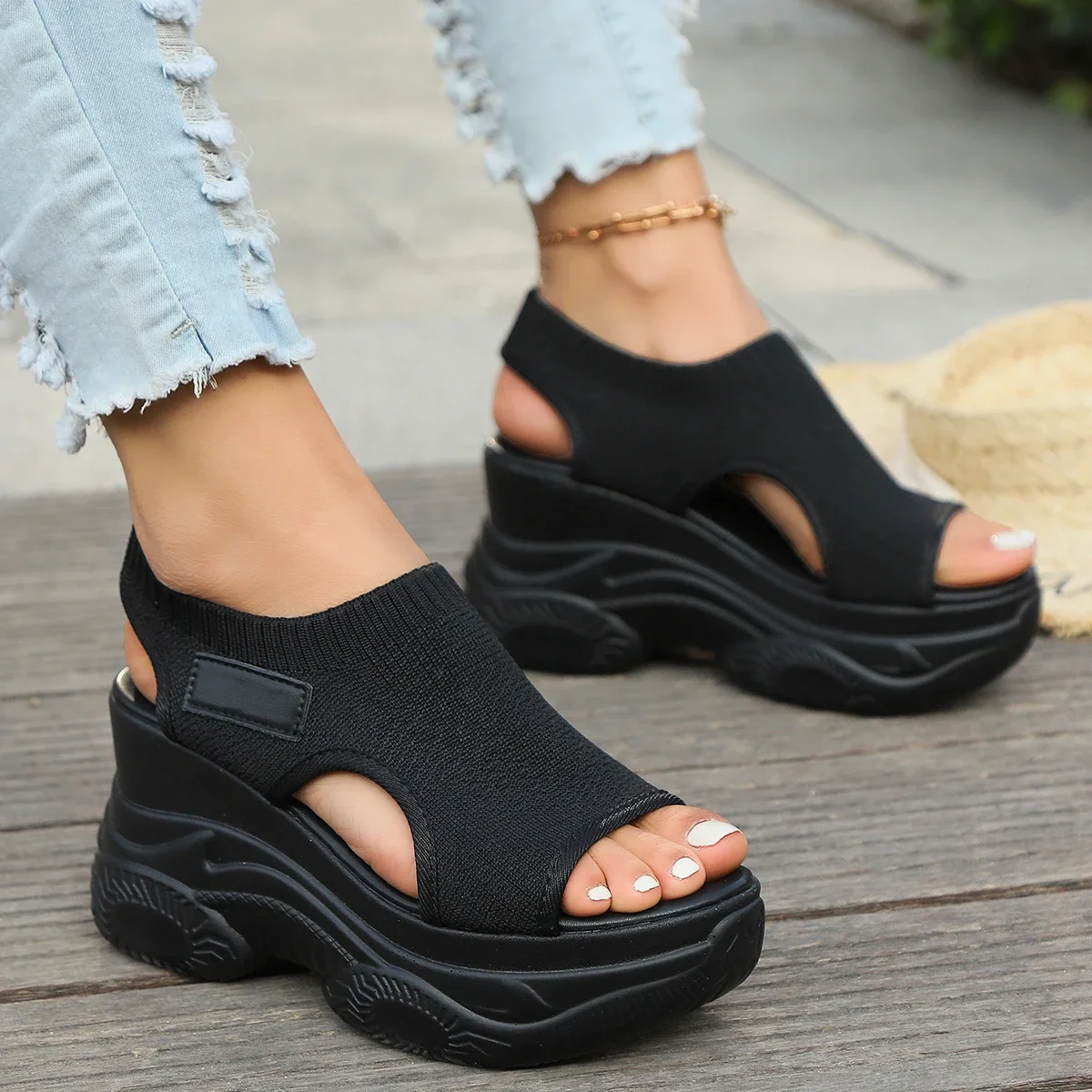 Women Sandals 2024 New Summer Wedge Heel Cloth Cover Foot Ladies Sandals Thick-soled Fashion Casual Shoes Platform Sandals