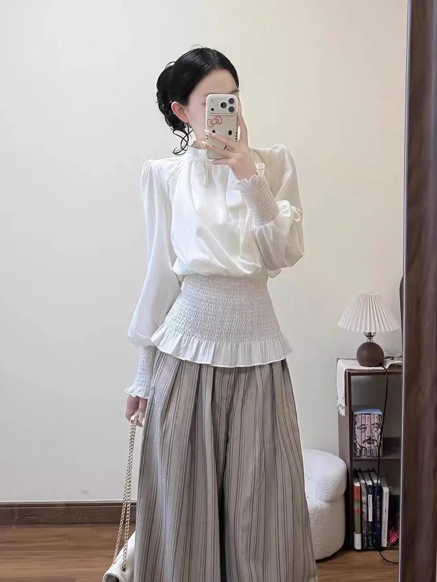 

Элегантная простая женская блузка с длинными рукавами-лепестками, премиум-класса, белого цвета, для офиса, приталенного кроя, из полиэстера