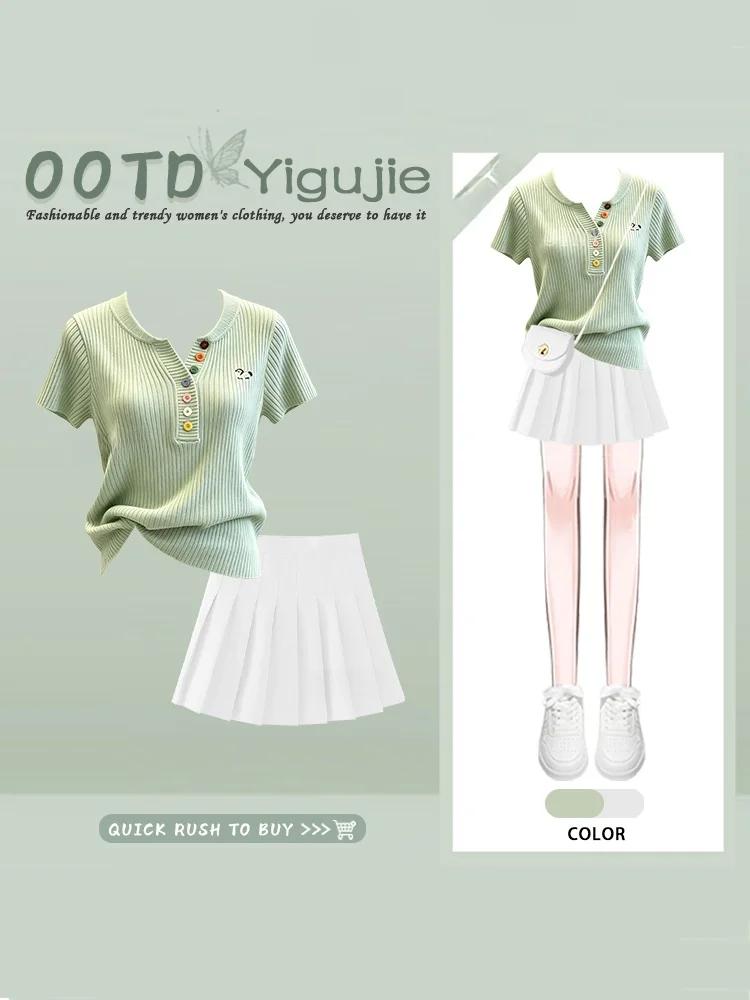 

Green round Neck Short Sleeve Knitted T-Shirt High Waist Pleated Skirt Two Piece Set Women Summer Fashion Outfit