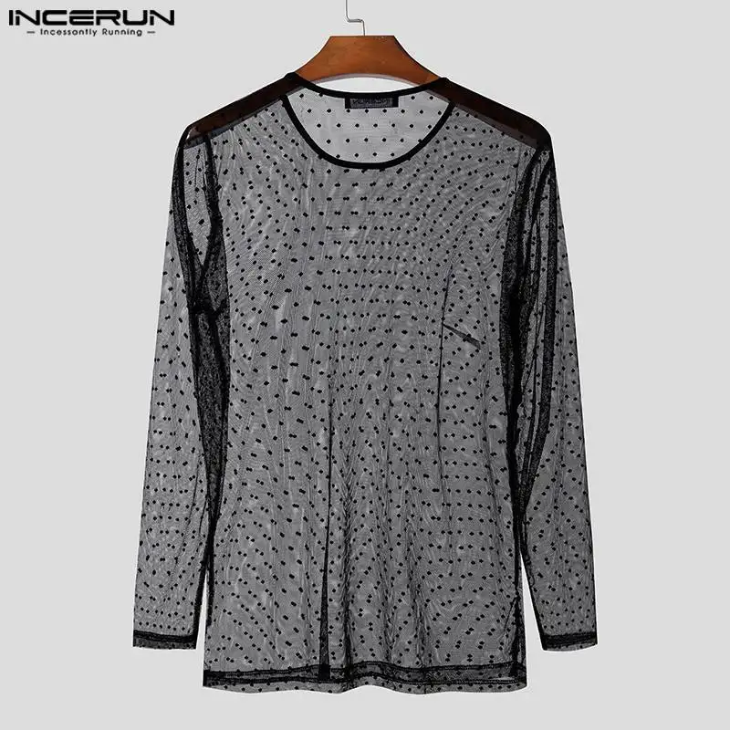 INCERUN Men T Shirt Polka Dot Printing Mesh Transparent O-neck Long Sleeve Men Clothing Streetwear 2024 Fashion Party Camisetas