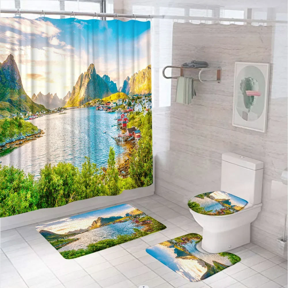 4Pc Nature Shower Curtain Set Village Town Mountain Lake European Scenery Fabric Bathroom Rug Non-Slip Toilet Lid Cover Bath Mat