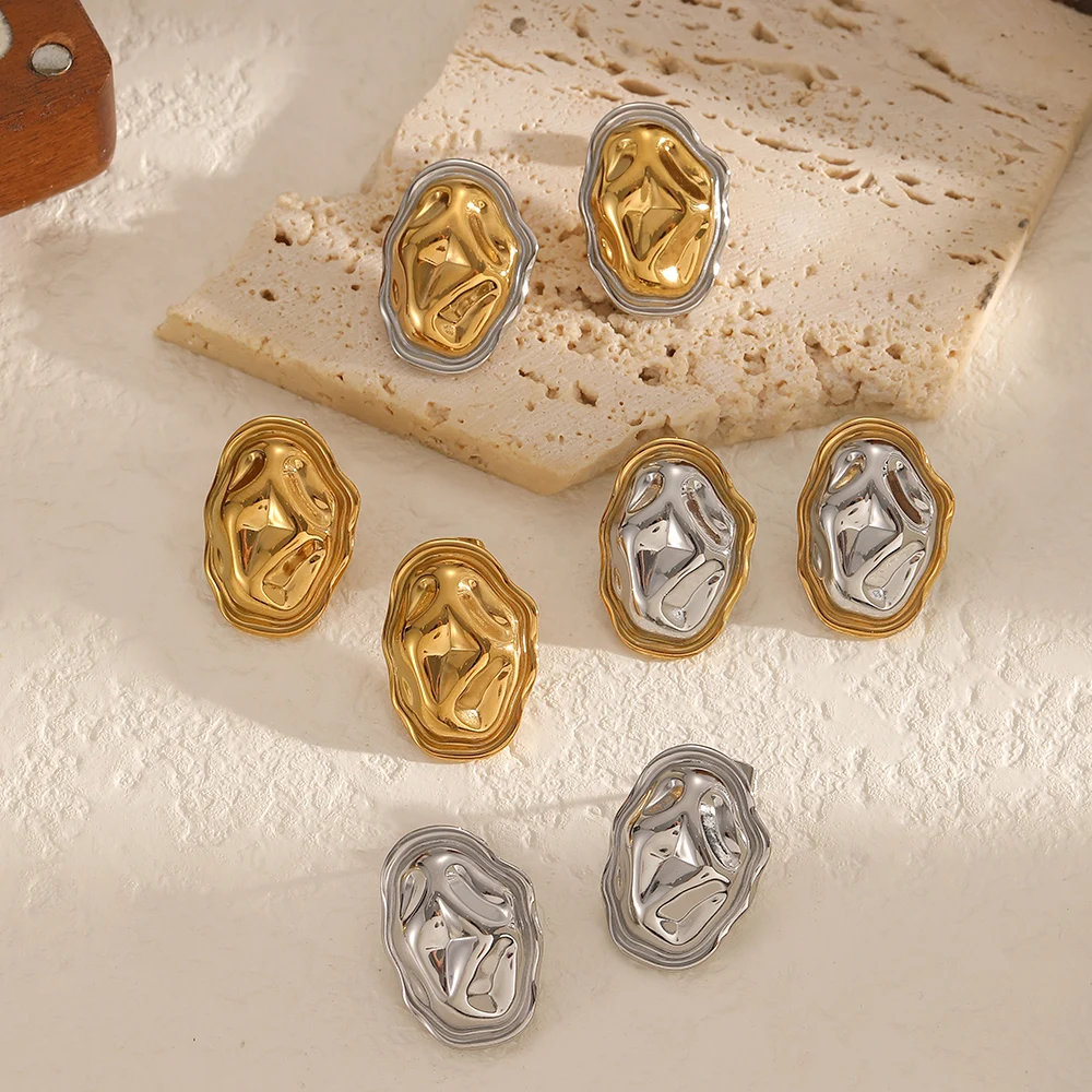 빈티지 타원형 불규칙 해머드 스터드 귀걸이 스테인리스 스틸 18K 금도금 패션 쥬얼리 여성용 귀 액세서리