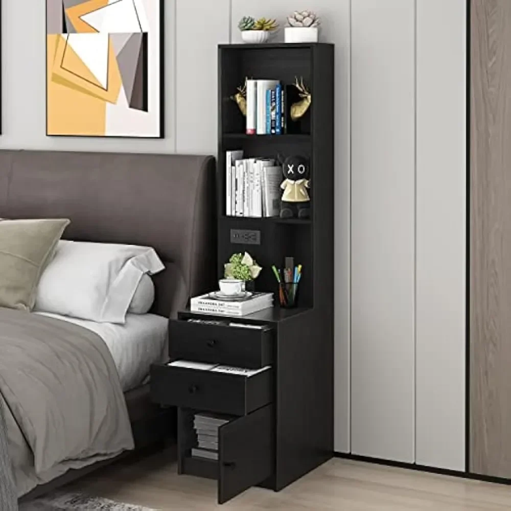 Nightstand with Charging Station, Bed Side Table/Nightstand with Drawers, Bedside Table with Open Shelf Storage, Tall End Tables