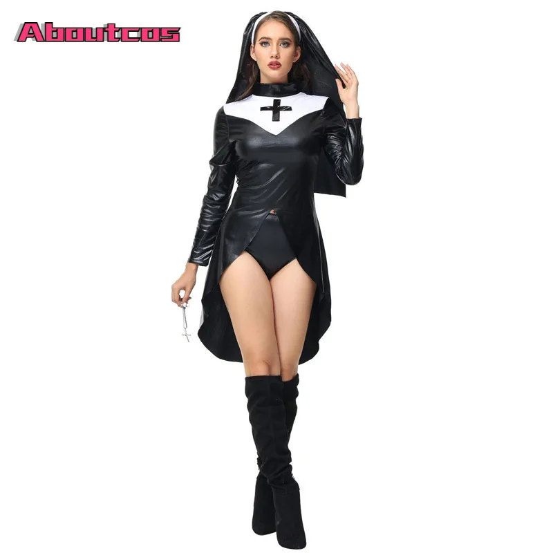 

Aboutcos Women Saintlike Seductress Costume Faux Leather PVC Wetlook Nun Costume Halloween Cosplay Fancy Dress