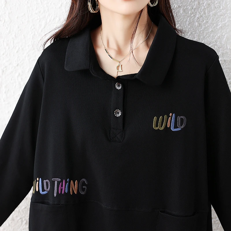 بلوزات نسائية شتوية مطرزة بحروف بلوفرات شتوية فضفاضة غير رسمية بأكمام طويلة وياقة مقلوبة وجيب علوي