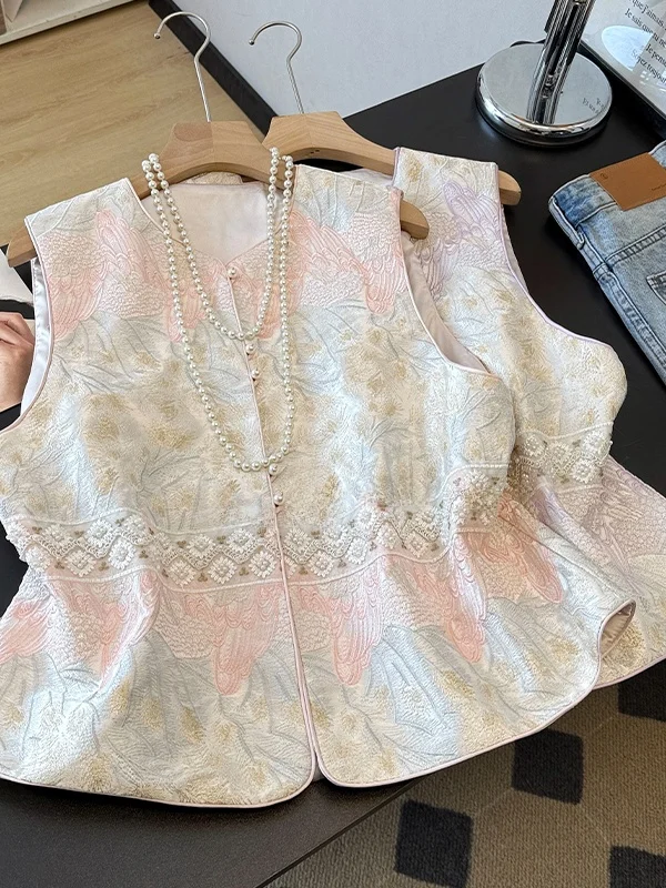 

Жилет с вышивкой из бисера, топ, женский слиток, новая китайская многослойная верхняя одежда, джет с круглыми пуговицами