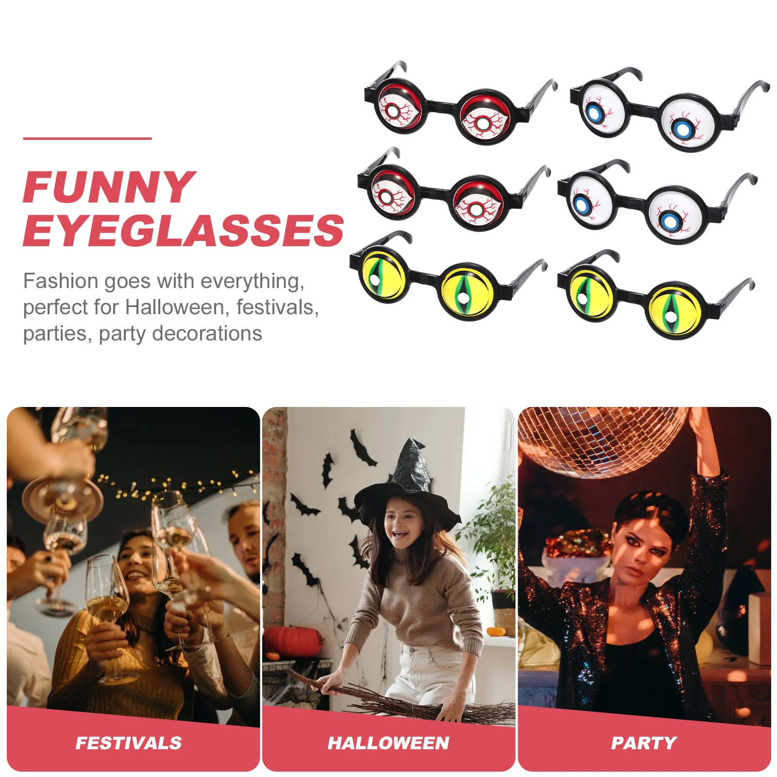 Lunettes d'Halloween pour Costume de Nouveau-Né, Boules Oculaires Décoratives, en Plastique, Amusantes, 6 Pièces