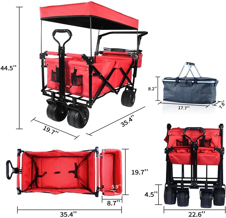 Collapsible Wagon Heavy Duty Folding Wagon Cart with Removable Canopy, 4