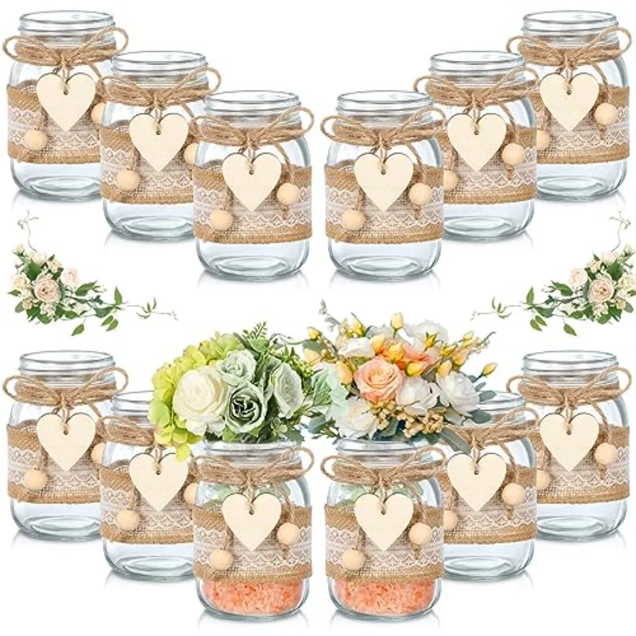 

Sets Mason Jar Table Centerpiece with Lace Sleeves and Heart Shaped Hemp Rope Rustic Mason Jar Vases Reception Engagement Party