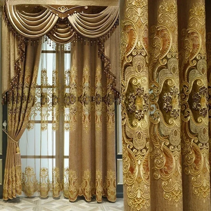 European-style Luxury Embroidered Curtains for Living Room Bedroom Upscale Door Chenille Coffee Color Window Villa Valance