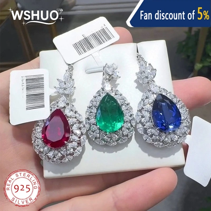 

WSHUO 10*14MM Oval Red Green Sapphire S925 Sterling Silver Pendant Necklace for Women Created Tanzanite Fine Luxury Jewelry Gift