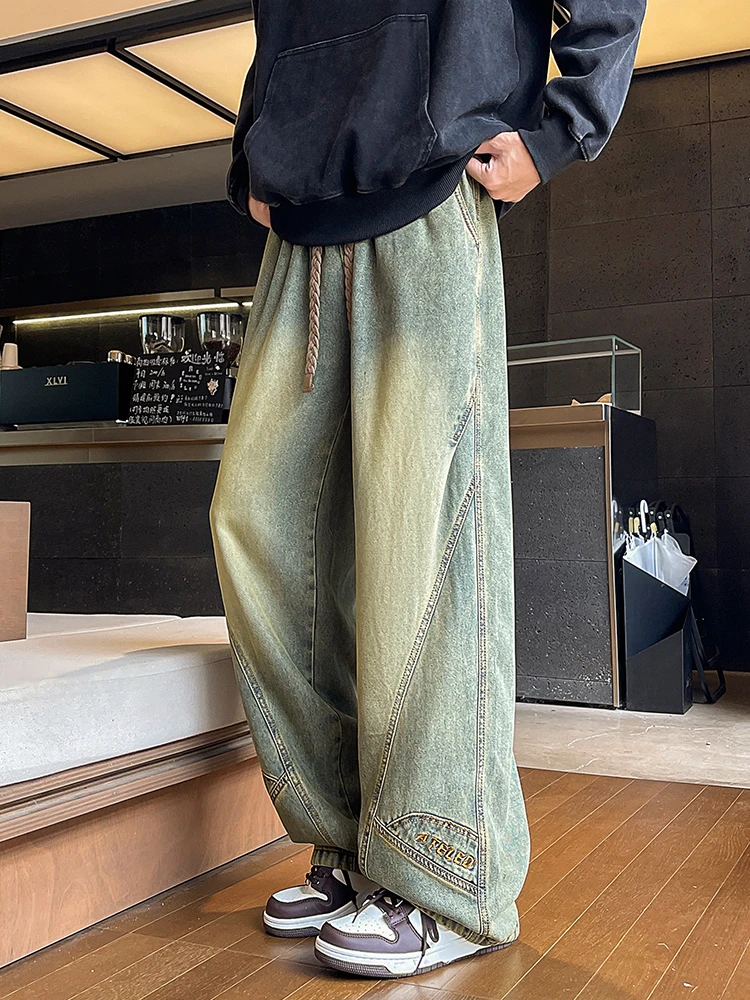 

Мужские мешковатые джинсы в стиле ретро, корейские модные широкие джинсовые брюки с эластичной резинкой на талии и шнурком, уличные свободные прямые джинсы Y2K