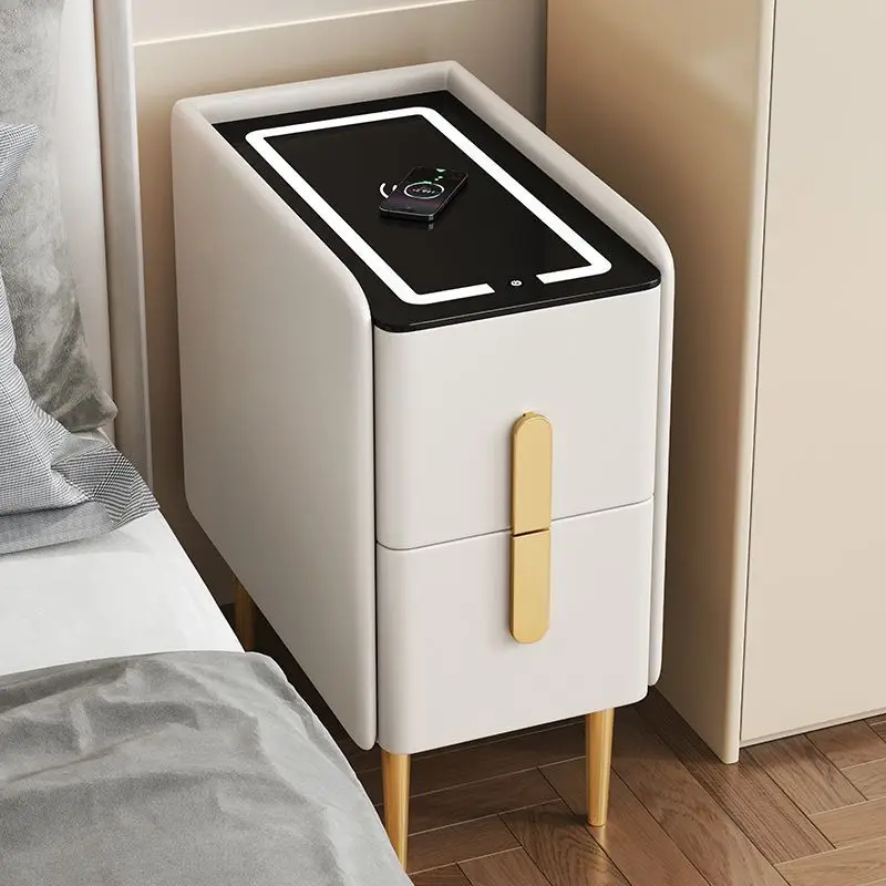 Solid wood rock panel leather extremely simple modern mini bedside table bedroom intelligent internet celebrity light luxury image 2